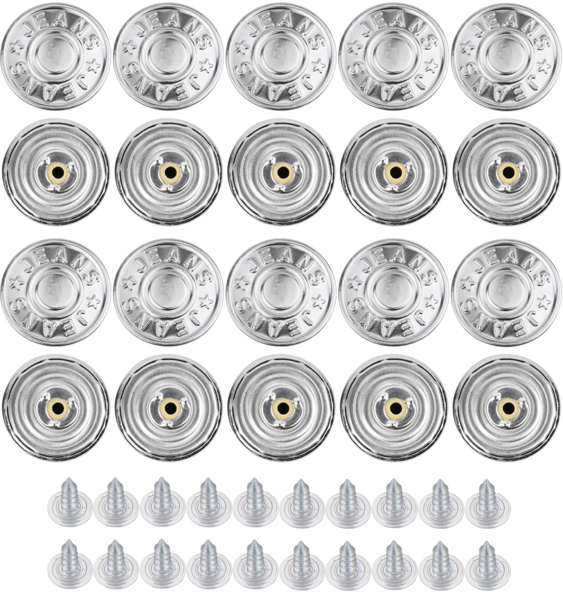 Vervangende broekknopen om te klinken, Ø 14 mm messing jeansknopen, 20 stuks, zilverkleurig, jeansknopen met klinknagels, jeansknoop om in te hameren, metalen broekknoop, broeken wijder maken, metalen broekknopen