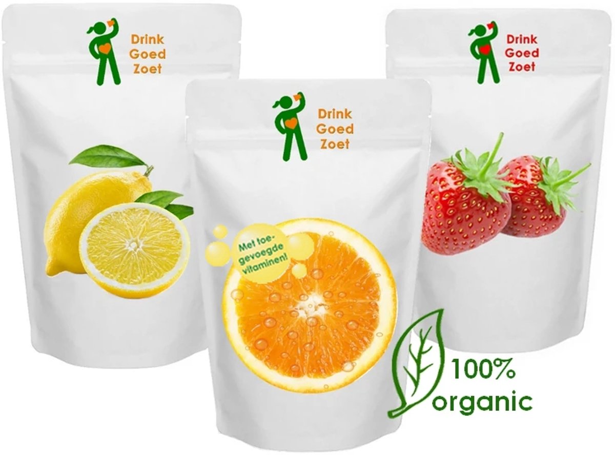 Gezonde Limonade Combinatie Sinaasappel, Aardbei en Citroen - suikervrij - zonder kunstmatige zoetstoffen - biologisch - Drink Goed Zoet - instant limonadepoeder - met toegevoegde vitaminen - bio