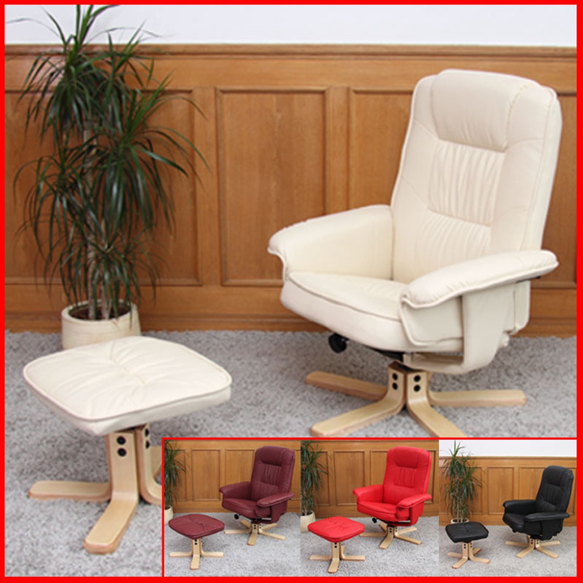 MCW Relaxfauteuil M56, televisiefauteuil TV-fauteuil met voetenbankje, kunstleer Eucalyptushout MVG-gecertificeerd ~ bordeauxrood