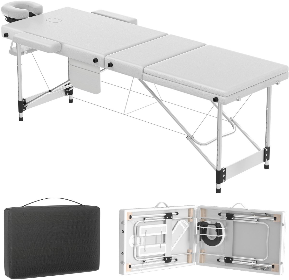 Aufun Mobiele Massagetafel, 3-Zone Opvouwbare, In Hoogte Verstelbare Aluminium Massagetafel, Massagetafel en Beautystoel, Ruim en Draagbaar, Inclusief Accessoires, Hoofdsteun, Armleuningen en Draagtas, Wit
