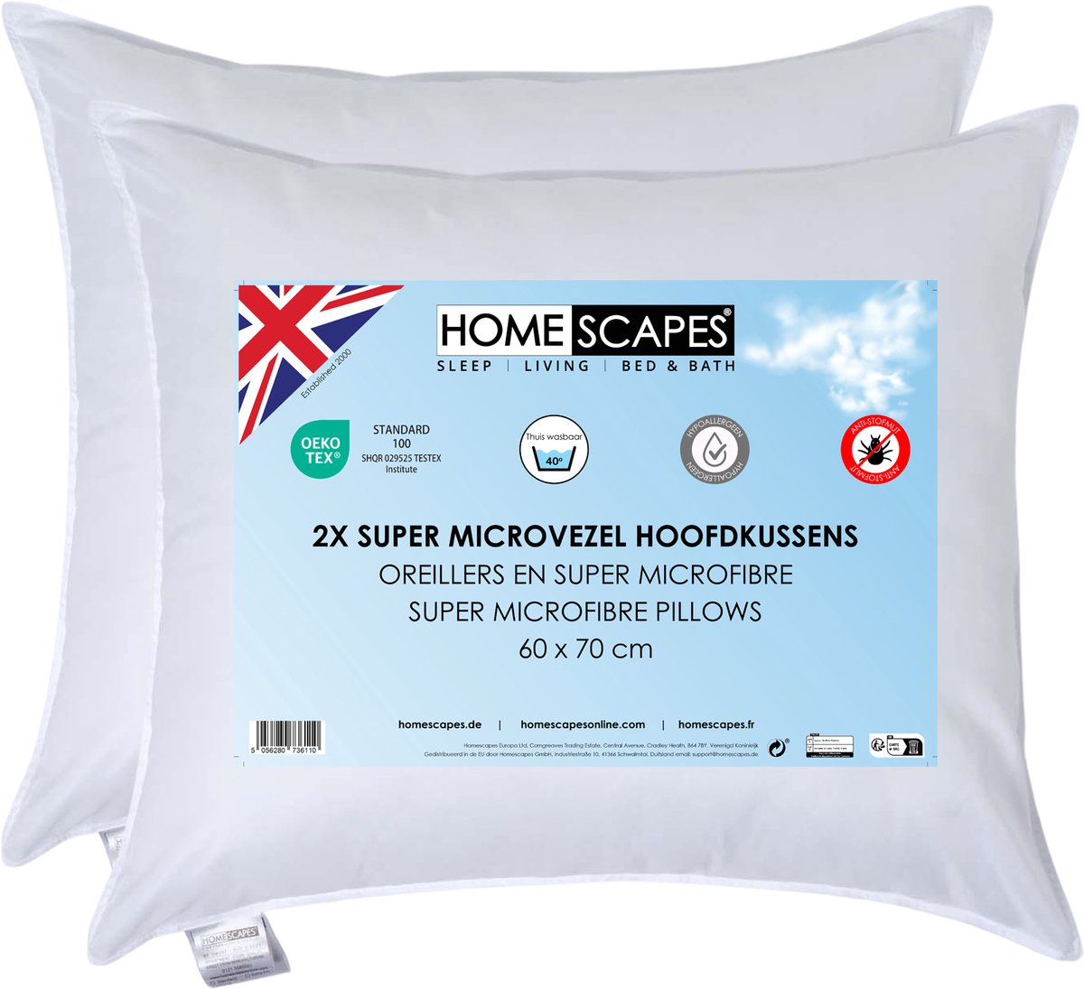 Homescapes Hoofdkussens 60x70 cm – Set van 2 – Supermicrovezel – Hypoallergeen – Voor Zijslaper & Nekklachten Wit