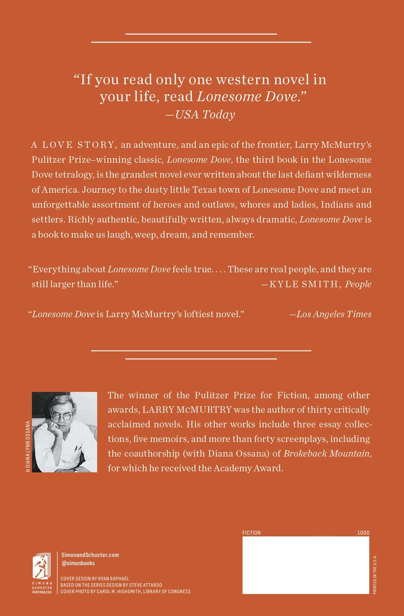 Boekomslag met citaten van "USA Today", "People" en "Los Angeles Times" over Larry McMurtry's Lonesome Dove. Achterin staat een biografie van de auteur.