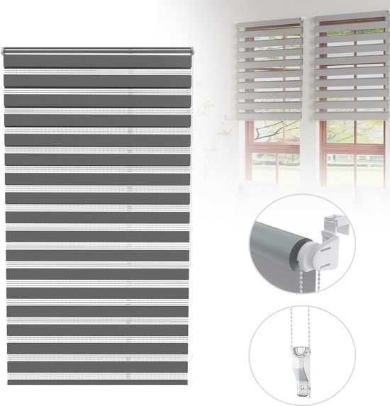 Store enrouleur Zebra – Occultant et translucide – Grijs – 70 x 220 cm – Sans Embouts – Salle de bain, salon et chambre