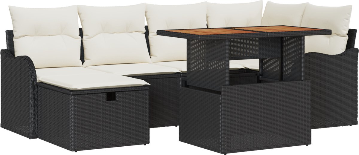 vidaXL - Tuinbank - Set - 7 - pcs - Zwart - poly - rattan
