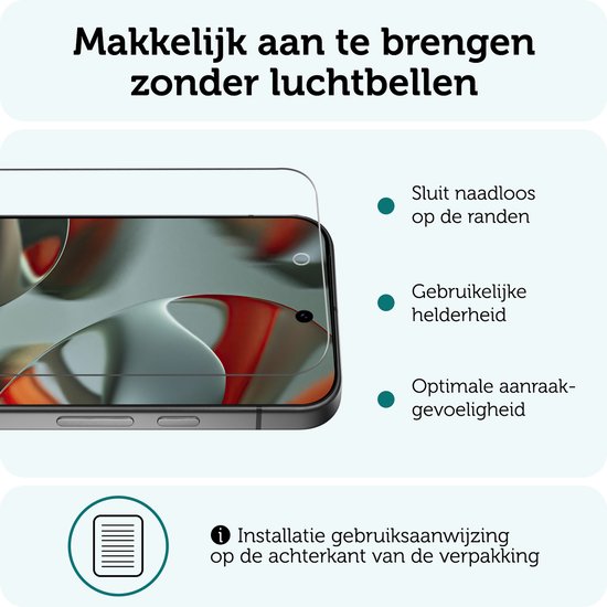 Screenprotector van glas, sluit naadloos op de randen, behoudt helderheid en aanraakgevoeligheid. "Makkelijk aan te brengen zonder luchtbellen".