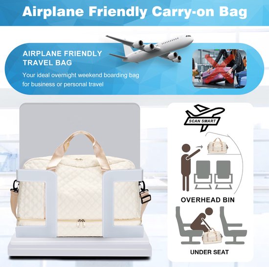 YONO Sac de voyage - Sac week-end - Sac Duffel - Femme - Homme - Bagage à main - 50x30x25 - Beige Champagne