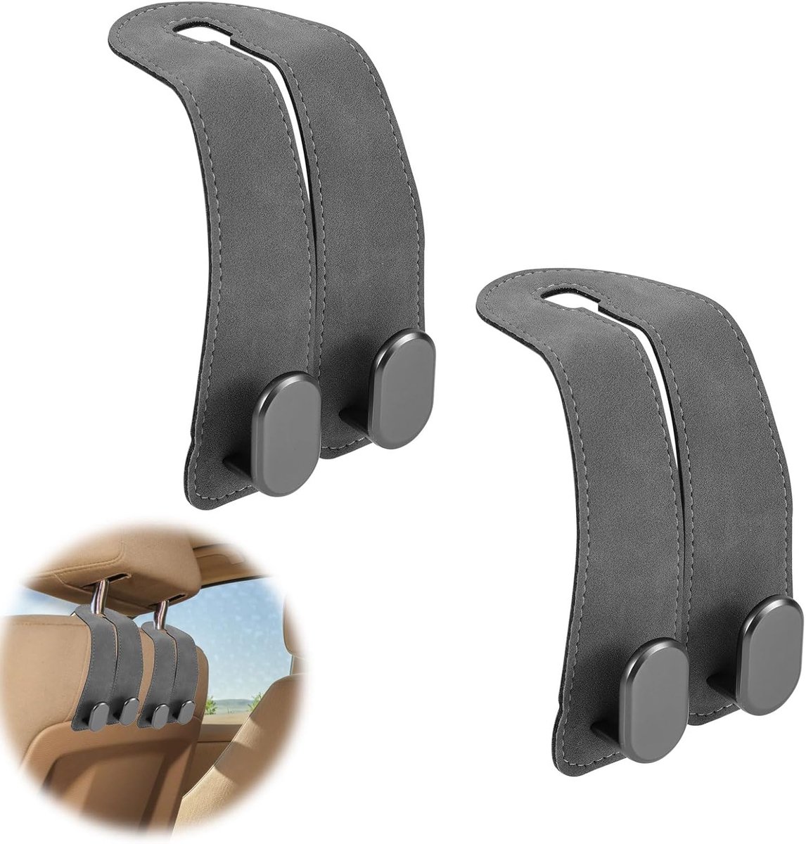 Image of 2pcs Car Hooks for Headrest, 2-in-1 Car Hook Leather Storage Hook for Car Seat Back Double Hook Car Seat Hooks for Bags and Handbags Car Holder Hangers Accessory for Stuff Organization