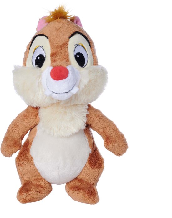 Bruine pluche knuffel van Chip met grote, zwarte ogen, een rode neus en witte wangen.