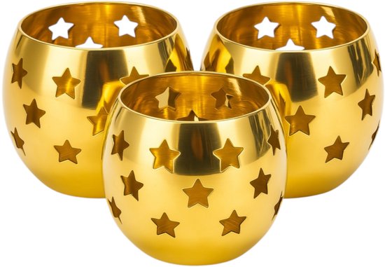 Set van 3 Messing Waxinelichthouders – 80 x 80 x 60 mm – Sterrenmotief