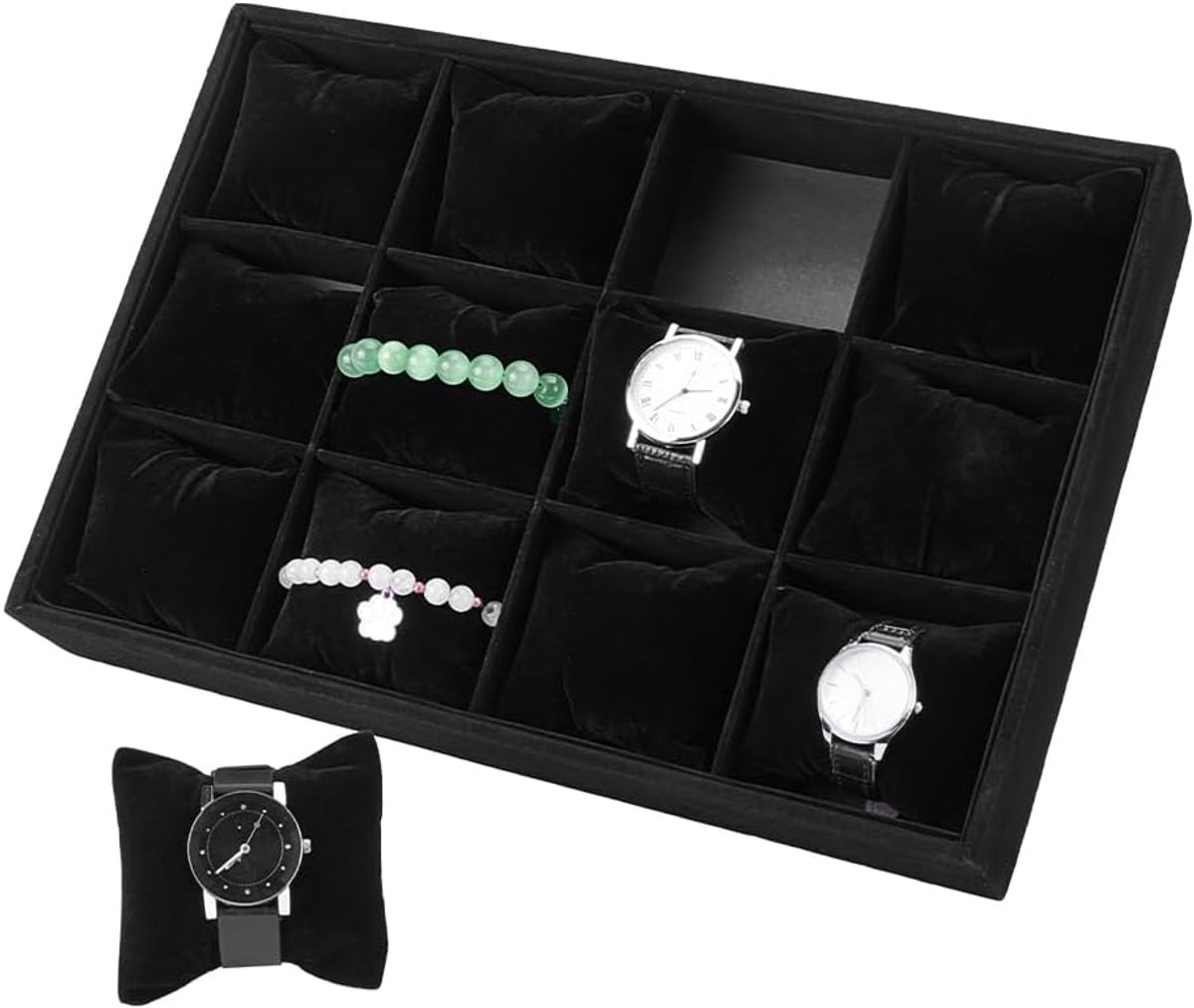 Zwarte Velours Horloge Tray - 12 Grid Horloge Organizer - Sieraden Show Tray - Stapelbare Armband Display Case Houder met Verstelbare Kussen voor Mannen Vrouwen Armband Horloge
