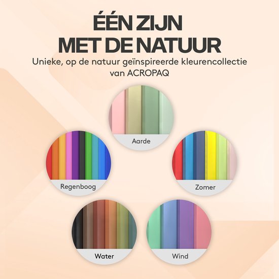Vijf cirkels met kleuren. 'Aarde', 'Regenboog', 'Zomer', 'Water' en 'Wind'. Geïnspireerd door de natuur.