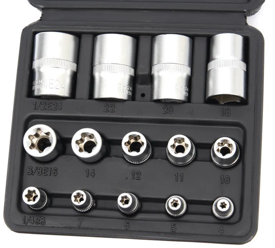 Een zwarte koffer met 14 zilverkleurige inwendige torx doppen in verschillende maten.