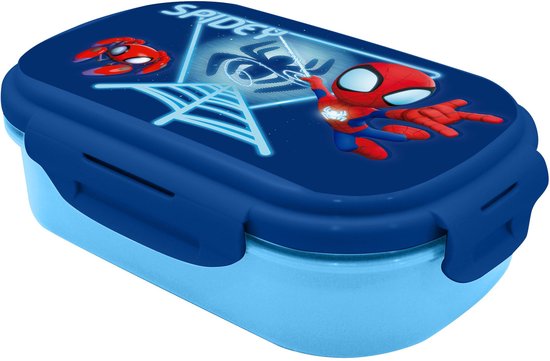 Boîte à lunch bleue avec des personnages de Spidey et le texte 'SPIDER-MAN'. Avec une image de Spidey, une araignée et des toiles.