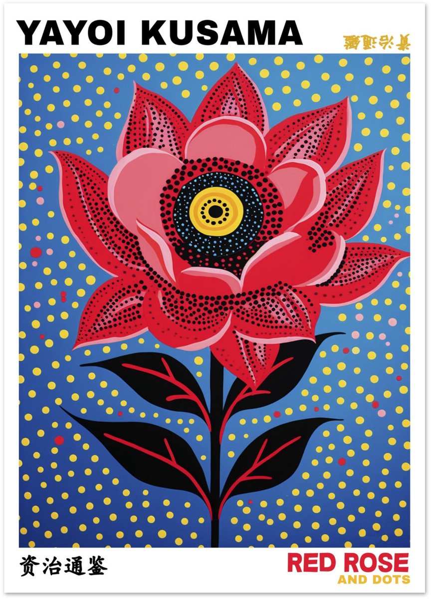 Yayoi Kusama - Red rose and dots Poster 50x70 cm - exclusief lijst
