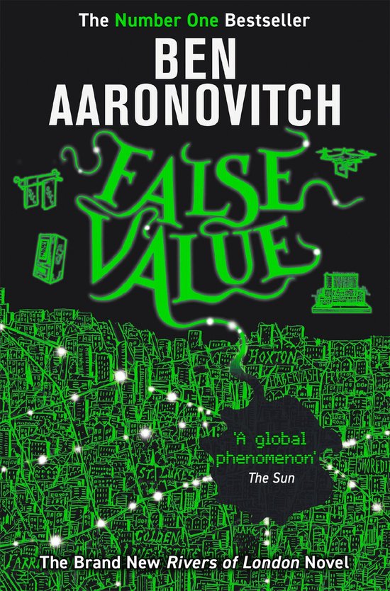 Boekcover met neon groene tekst 'False Value' van Ben Aaronovitch, met een stadsgezicht en pictogrammen.
