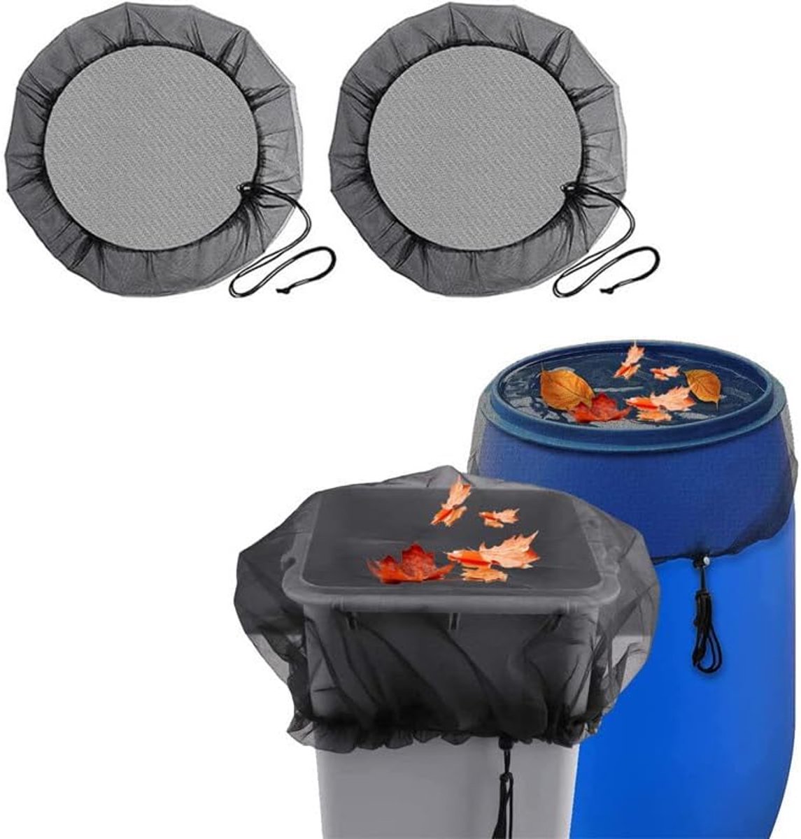 Regentonnet - 2 Stuks - Met trekkoord - Regentonnen Hoes - Watertanknet - Beschermt tegen bladeren en muggenlarven - Beschermnet met trekkoord - Diameter 100 cm - Buitentuin regentongaasafdekking - Beschermhoes voor regenton - Zwart - Polyester