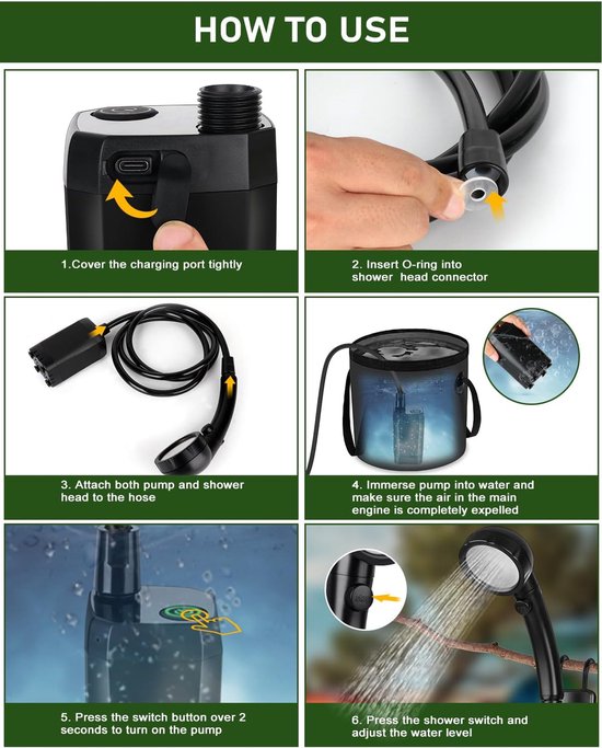 Draagbare Campingdouche 6000 mAh - Pomp en Temperatuurweergave - Outdoor Set - Douchekop - 2 m Slang - Tuin - Autowassen - Strand - Huisdieren - Zwart — afbeelding 5