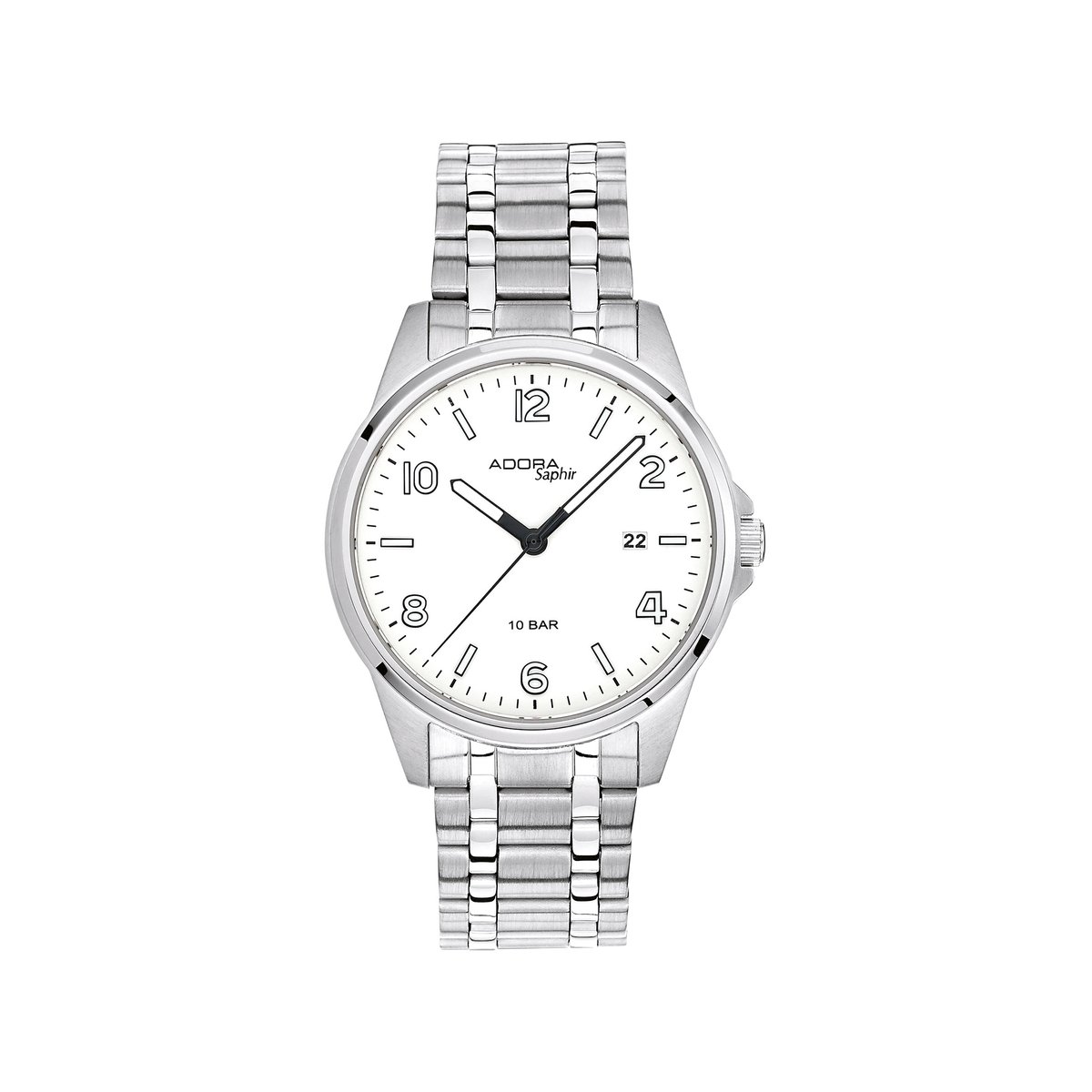 Adora Saphir Herenhorloge - Klassiek Stijlvol Design - Volledig Roestvrij Staal - Anti-Allergisch - 10 ATM Waterdicht - Datumweergave - Witte Wijzerplaat met Elegante Cijfers
