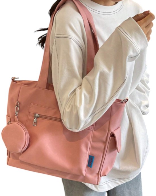 KALIDI Dameshandtas, canvas shopper, schoudertas, casual, groot, voor school, werk, dagelijks gebruik, winkelen, roze-2, 15x6x16 Zoll