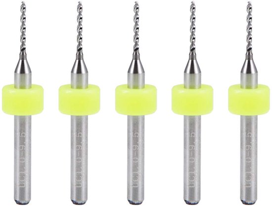 Vijf microboren met gele plastic ring, 1 mm punt en 38 mm lengte.