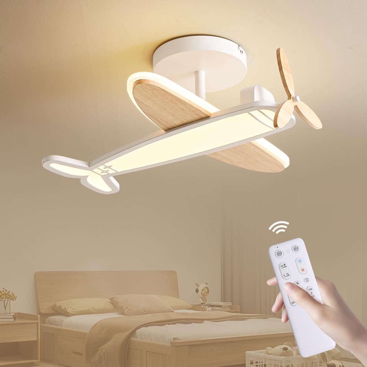 Epochglo LED Plafondlamp Modern voor Kinderkamer & Slaapkamer - Vliegtuig Design (53cm) met Houten Propeller - Draaibare en Bewegende Propeller - 40W 3800LM - Dimbaar (3000K-6000K) - Plafonniere met Afstandsbediening, Nachtlampje & Timer