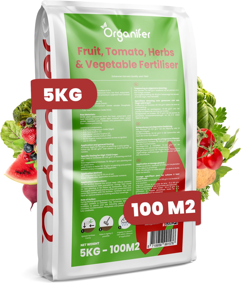 Fruit-, Tomaten-, Kruiden- En Groenten Meststof All-In-One - 5 Kg Voor 100 M² - Verbetert De Opbrengst, Smaak En Kwaliteit Van Eetbare Gewassen - Stimuleert De Wortelvorming - Voorkomt Schade Zoals Bladverbranding