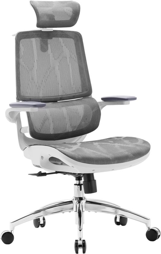 HOLLUDLE Ergonomische Bureaustoel met Opklapbare Rugleuning, Computer Bureaustoel met Opklapbare Armleuningen, Mesh Lendensteun en 2D Hoofdsteun Grote en Lange Bureaustoel, Wit