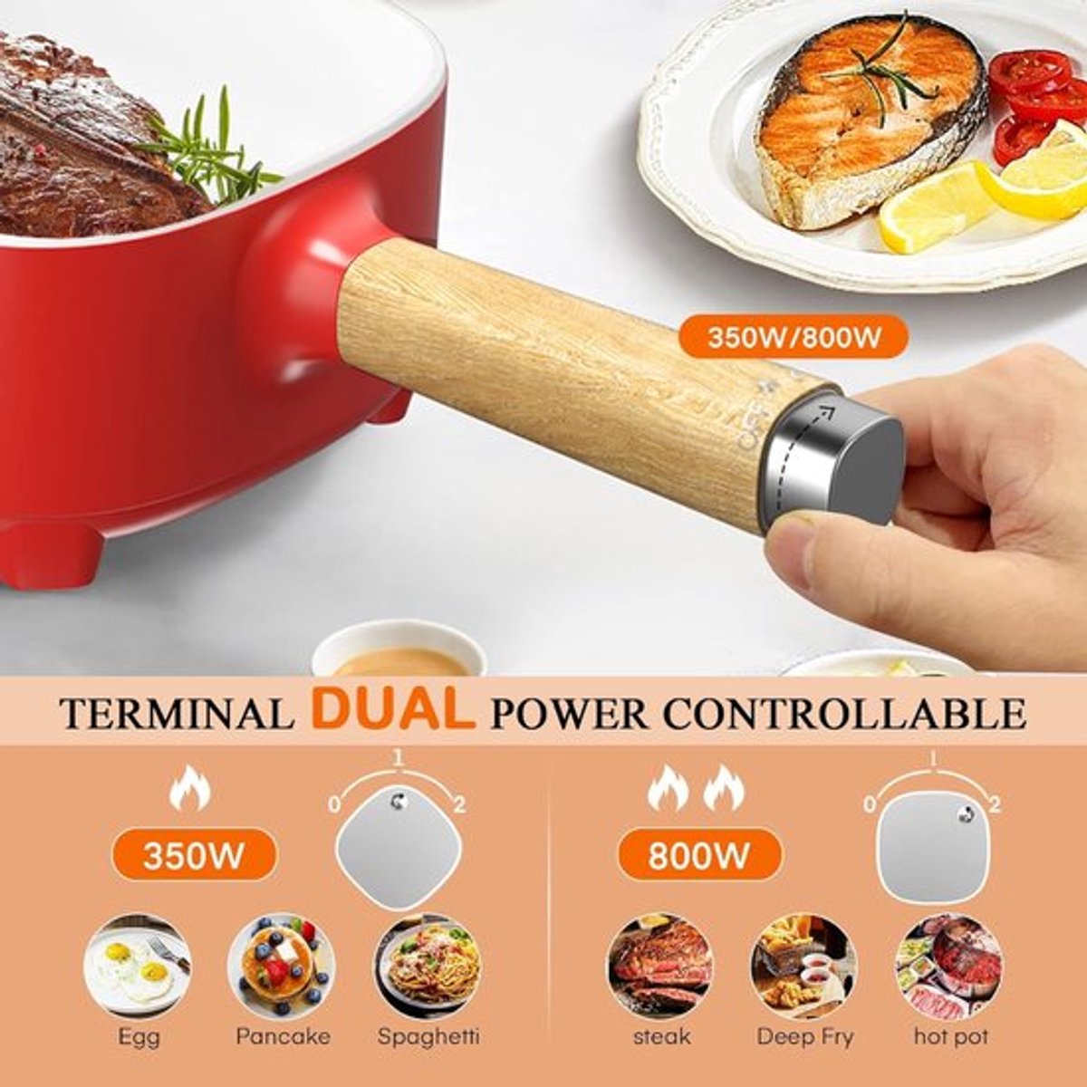 Afbeelding 2 van Coopi – Elektrische Hot Pot – Keramische Anti-aanbaklaag, Draagbare Multicooker (2L) met Stoomfunctie, Rood – 350W/800W voor Bakken, Koken & Braden