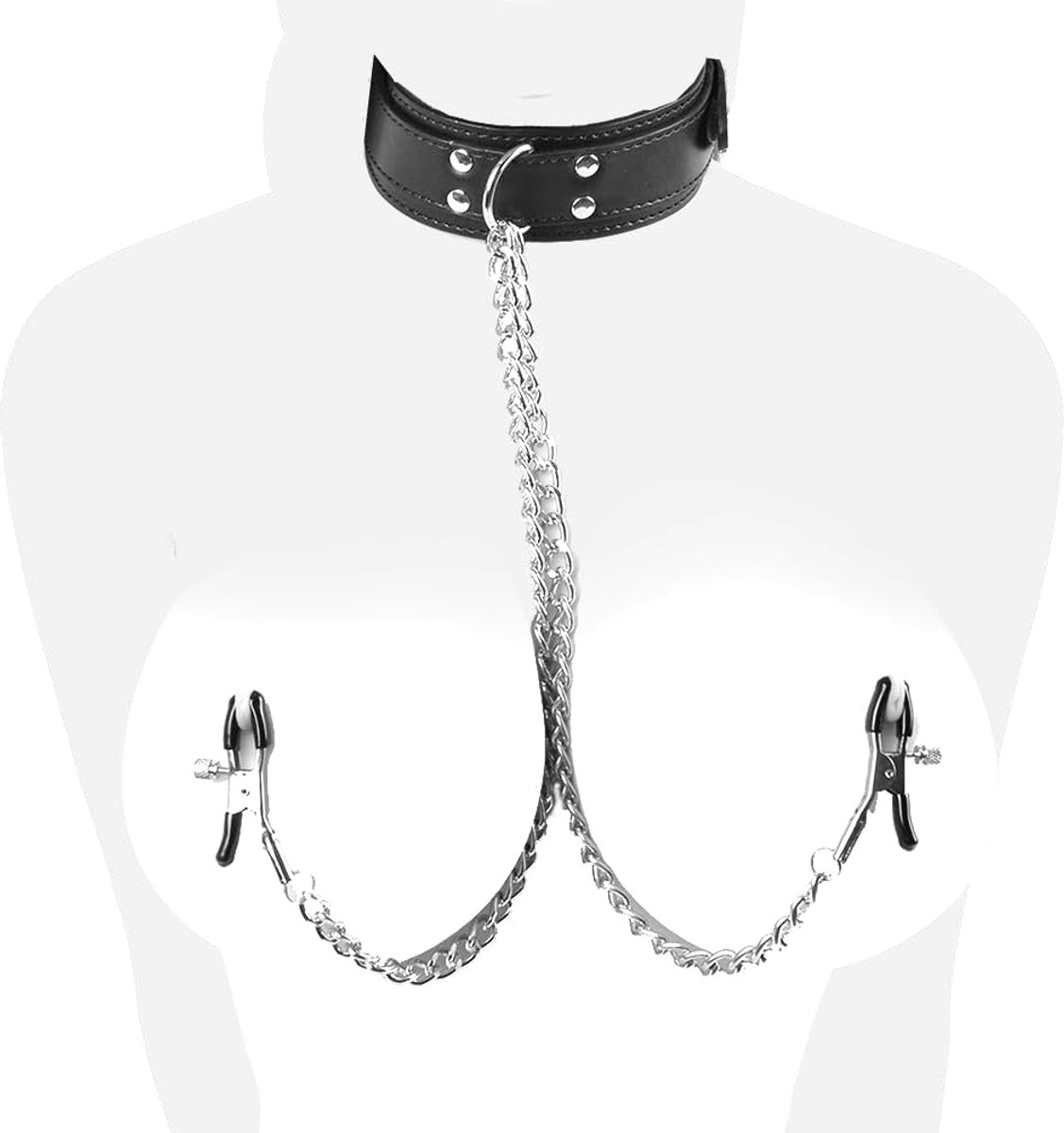 DOWO® - Halsband met tepelklemmen – Halsband - Body Bondage - Kunstleer - Sexy Lingerie - Erotiek Riem – SM - BDSM - Sex Toys voor Koppels - Seksspeeltjes voor mannen en vrouwen