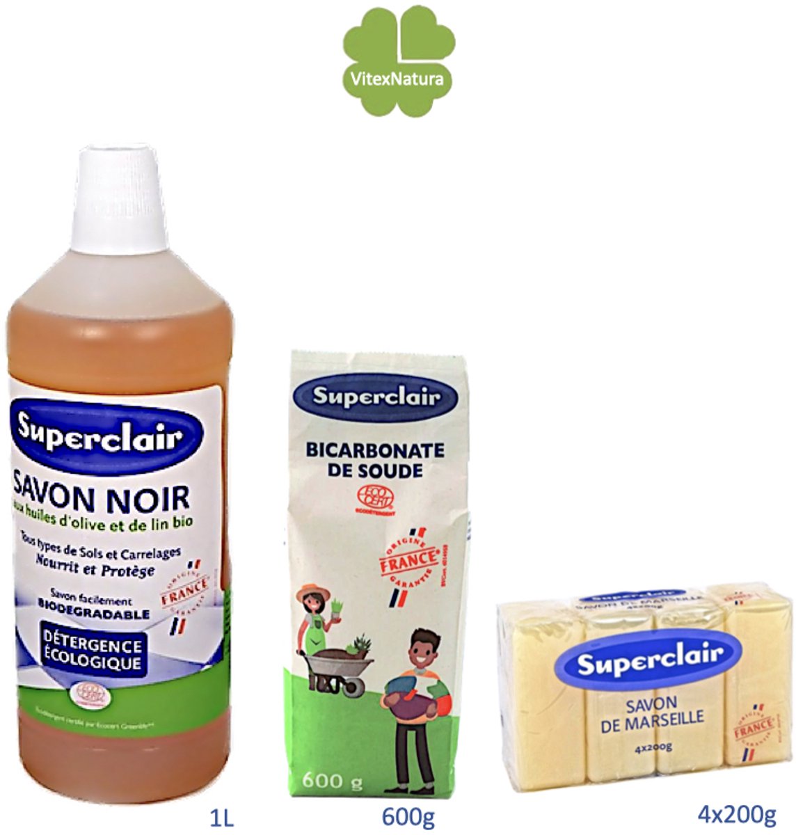 Bio Eco schoonmaakmiddelen pakket. Zwarte zeep 1L, Natrium bicarbonaat poeder 600g en Glycerine zeep 4x200g.