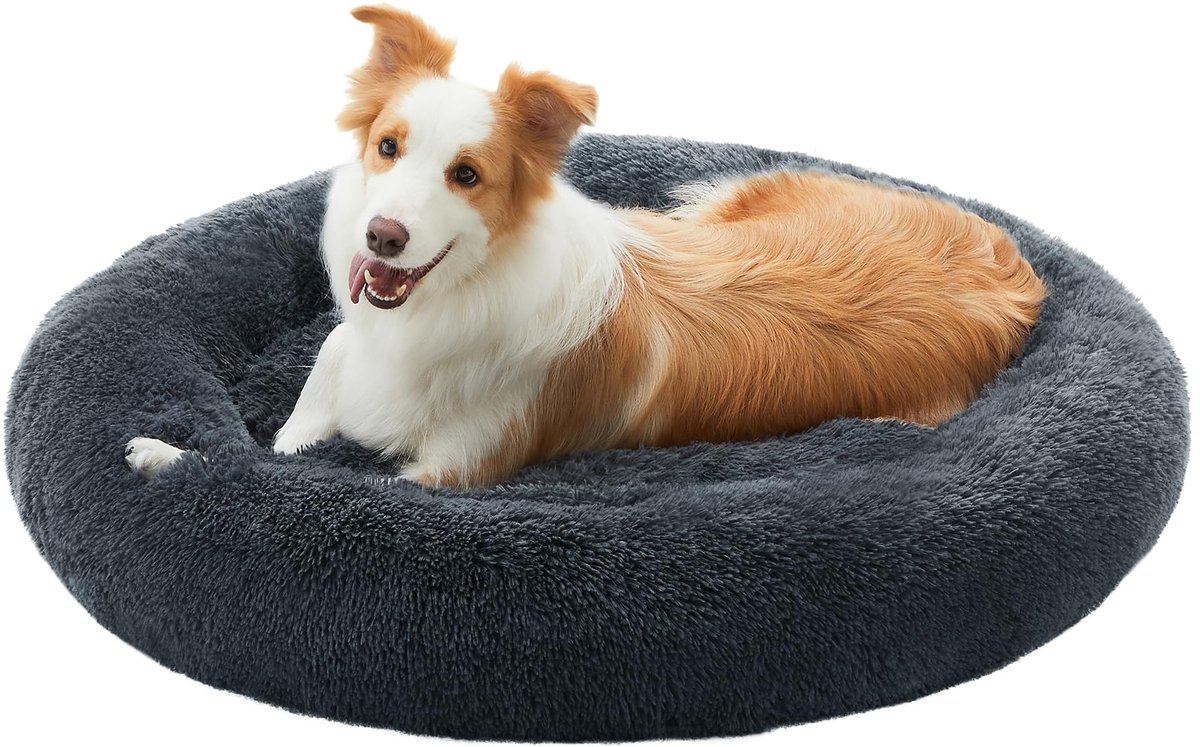 Feandrea fluffy hondenbed, kattenbed, donutkussen, wasbaar, uitneembare middenvulling, lange pluche, 90 cm diameter, donkergrijs PGW041G02