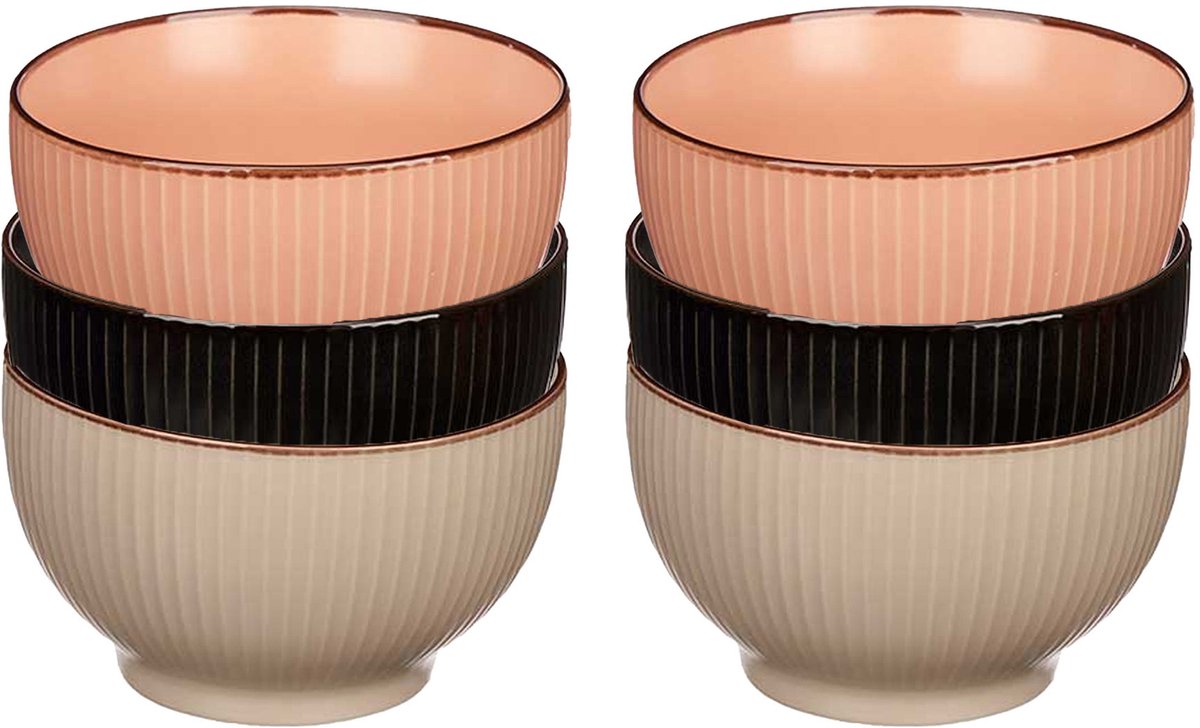 Kommetjes/serveer schaaltjes - 6x stuks - Mistique - porselein - D14 x H8 cm - zalm roze - zwart - beige - Stapelbaar