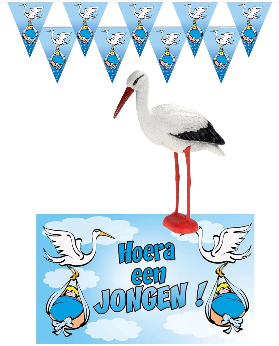 Geboorte baby jongen thema versiering - 4 artikelen - blauw - binnen - slingers - grote vlag - tuin ooievaar 66 cm