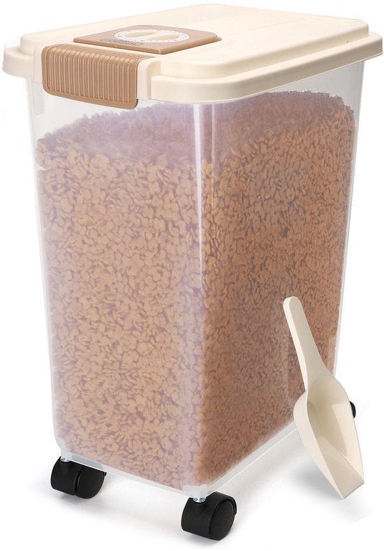 Conteneur alimentaire Nobleza - 40 L - 15 kg - Conteneur pour chien - Conteneur de stockage avec date de péremption - Roulettes - Transparent