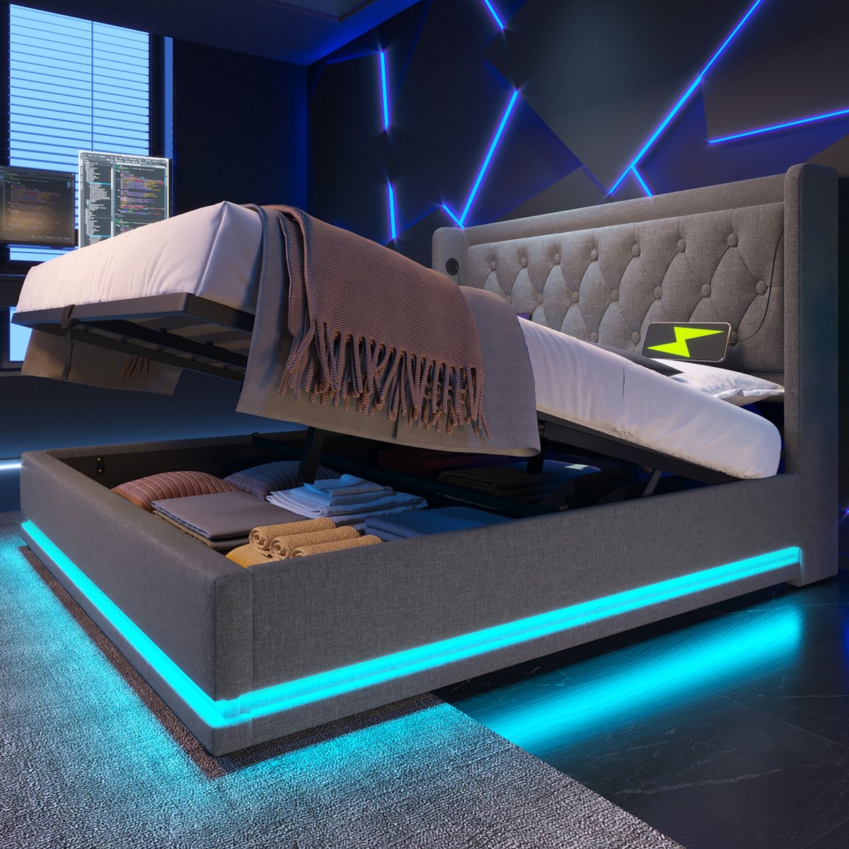 Merax Gestoffeerd bed tweepersoonsbed 140x200 cm met USB Type-C opladen met LED-verlichting - zonder matras - grijs - linnen