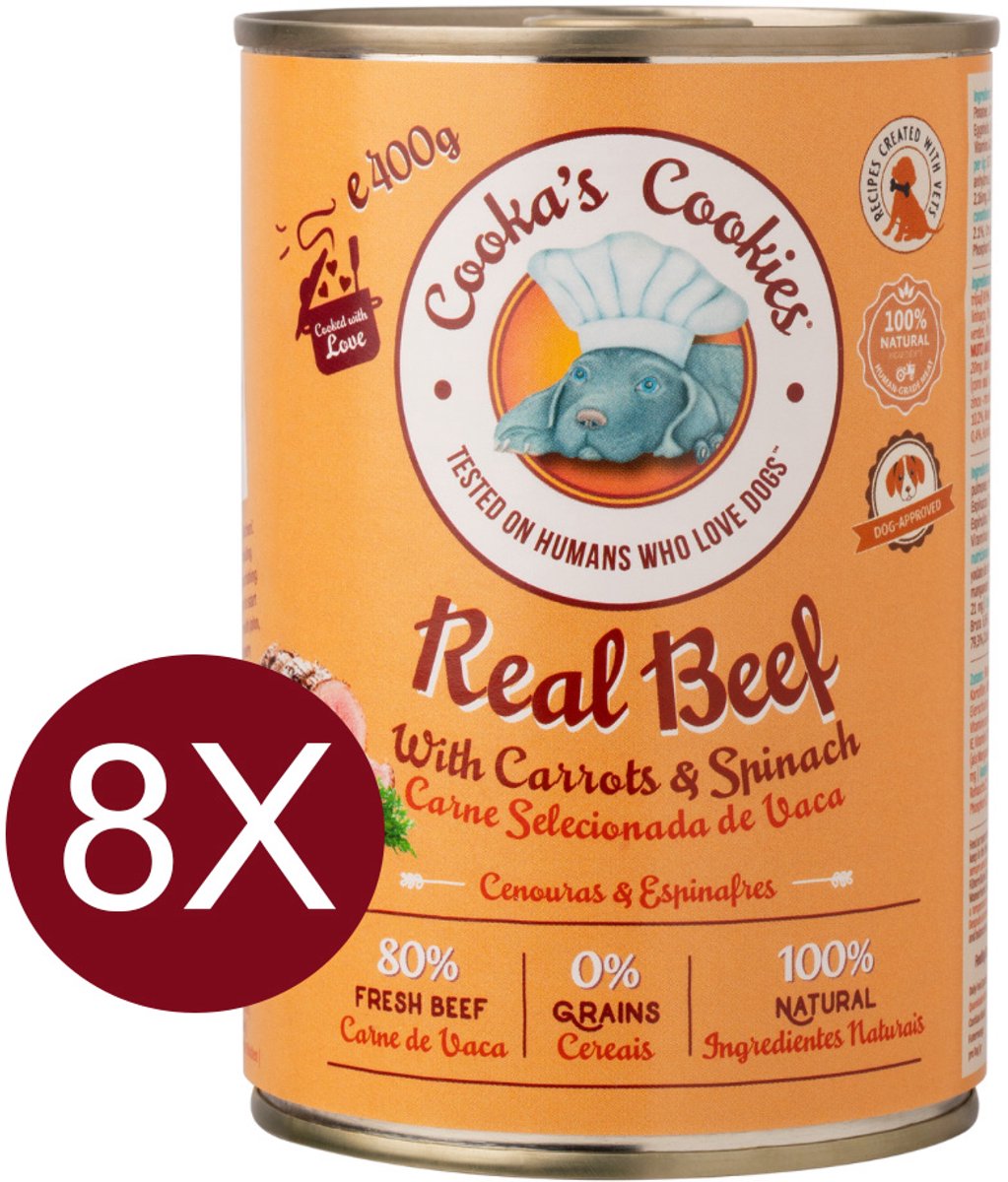 Cooka's Cookies Real Beef (runderpaté met worteltjes en spinazie) Hondenvoer - Natvoer - geen toevoegingen, geen conserveermiddelen, alleen eerlijke ingrediënten - meer dan 80% vers bereid rundvlees 8x400gr