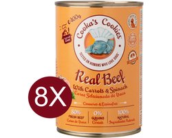 Cooka's Cookies Real Beef (runderpaté met worteltjes en spinazie) Hondenvoer - Natvoer - geen toevoegingen, geen conserveermiddelen, alleen eerlijke ingrediënten - meer dan 80% vers bereid rundvlees 8x400gr