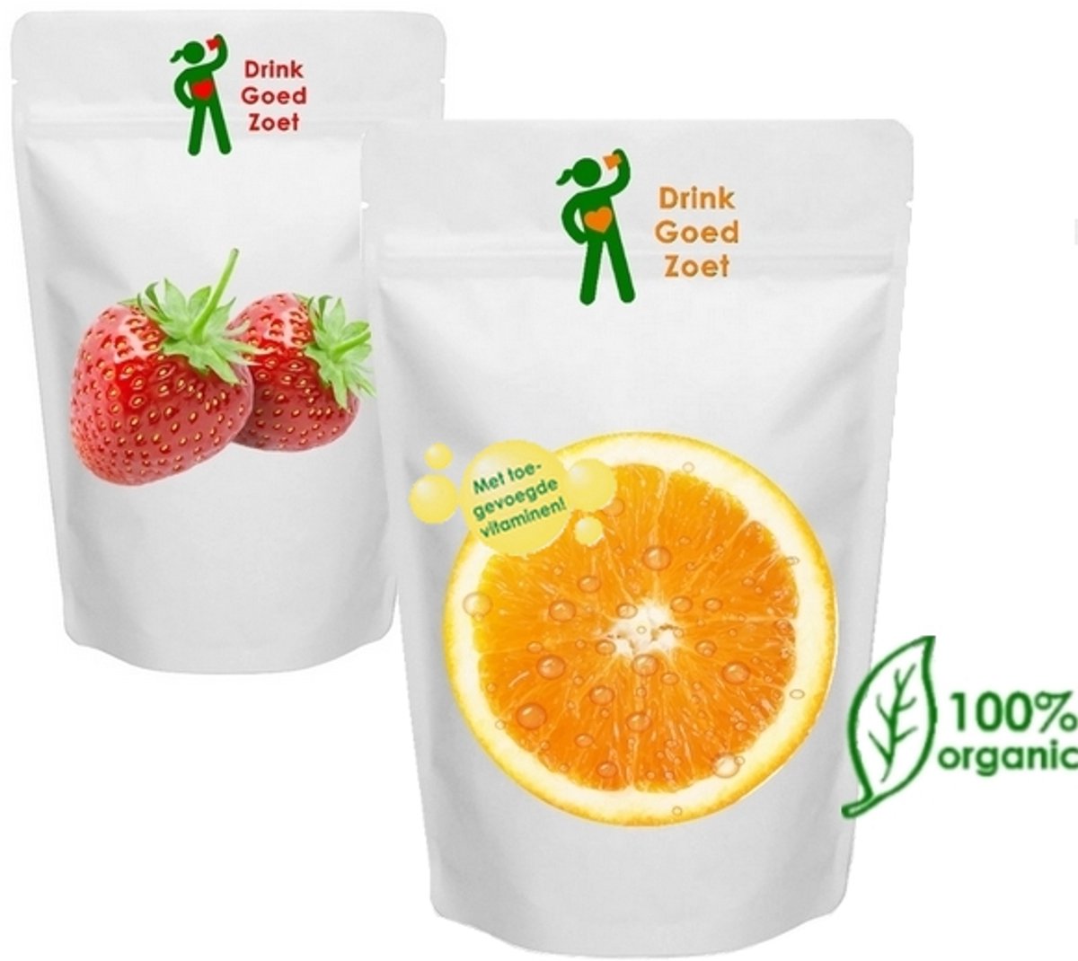 Gezonde Limonade Combinatie Sinaasappel en Aardbei, suikervrij, met toegevoegde vitaminen, zonder kunstmatige zoetstoffen biologisch Drink Goed Zoet instant limonadepoeder