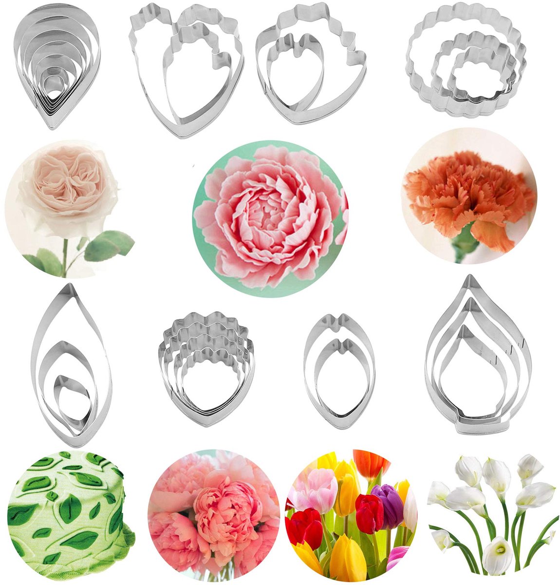 Bloemenfondant uitstekerset 26 stuks met 4 ballen, 7 verschillende bloemen Roos/Pioenroos/Anjer/Bladeren/Kleine pioenroos/Tulpen/Calla Taartdecoratie Modelleergereedschap Koekjesgereedschapset