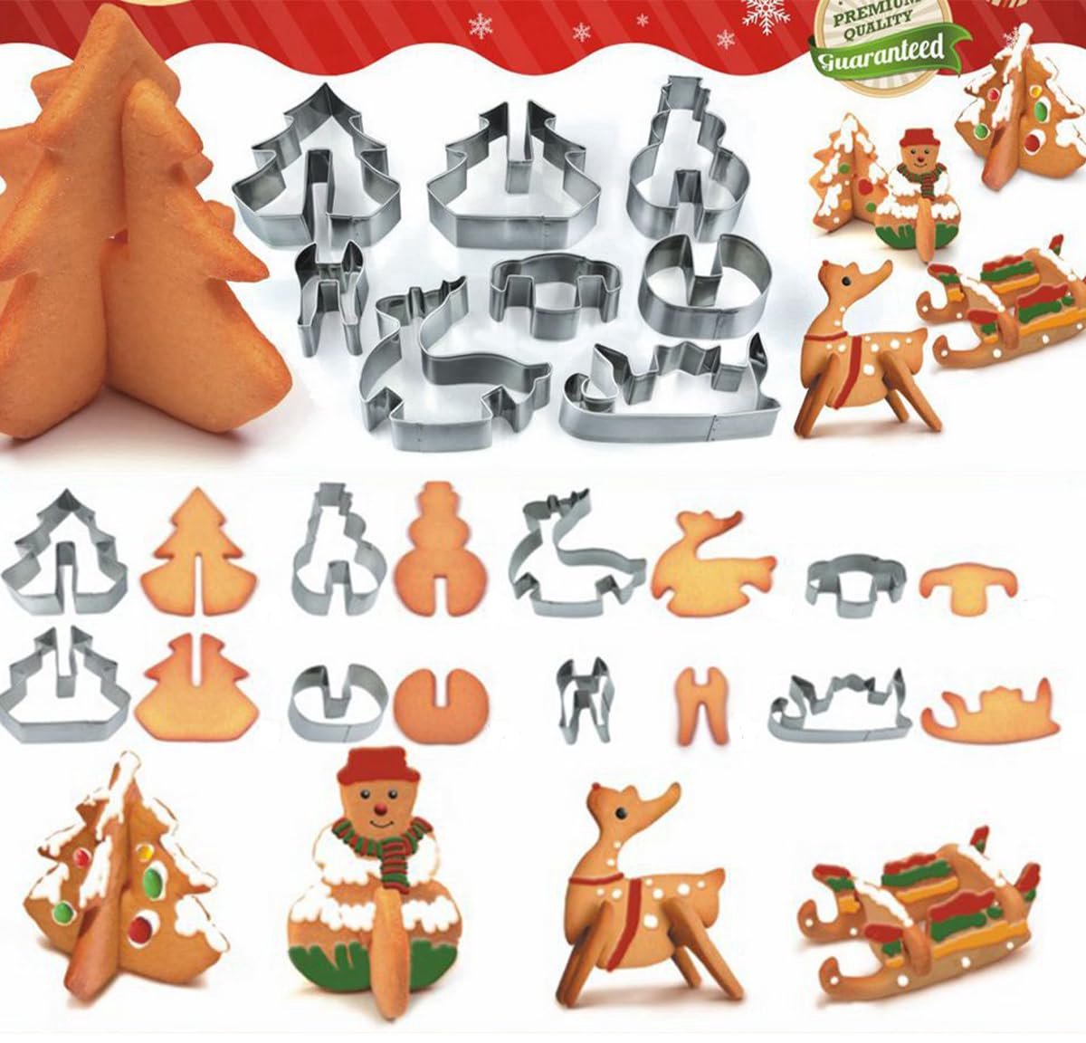 Uni-Fine driedimensionale koekjesvormpjes, 8 stuks kerstkoekjesvormpjes, koekjesvormpjes van roestvrij staal, kerstboom, sneeuwpop, eland, slee