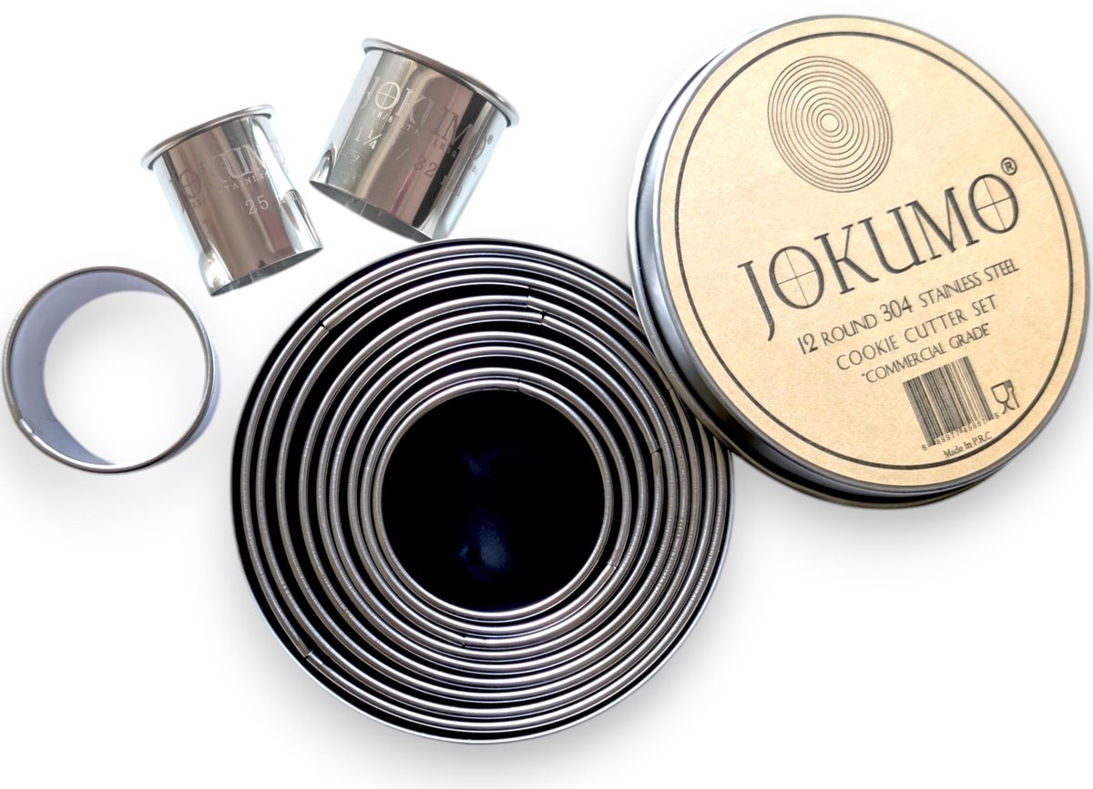 JOKUMO Set van 12 eenvoudige ronde deeg-/koekjesvormpjes gemaakt van robuust, commercieel roestvrij staal 18/8 304 – metaalgemarkeerde maat – Perfect voor kookliefhebbers
