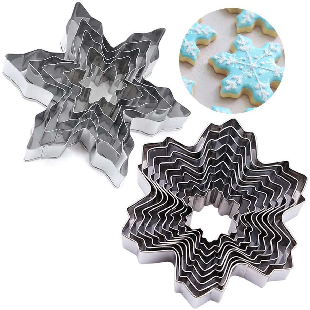 Ziyero 14-delige DIY kookringen Sneeuwvlok koekjesvormpjesset Professionele roestvrijstalen kookringen Gemakkelijk te snijden, nauwkeurig, veilig en handig, voor taarten, koekjes, fondant, enz. (Zilver)