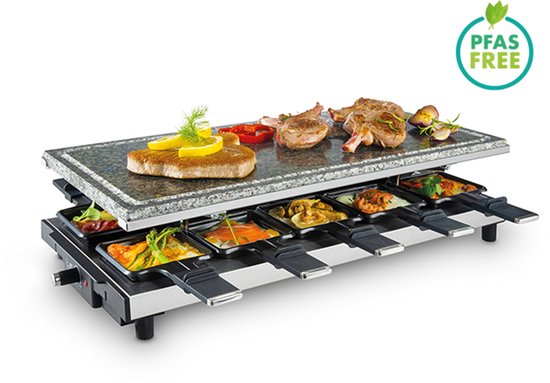 FRITEL Steengrill SG 4195 - Tafelgrill / Raclette - Natuursteen - 1700W - 48,5 x 24 cm - 2 to 10 Pers.+ 10 Pannetjes - PFAS vrij