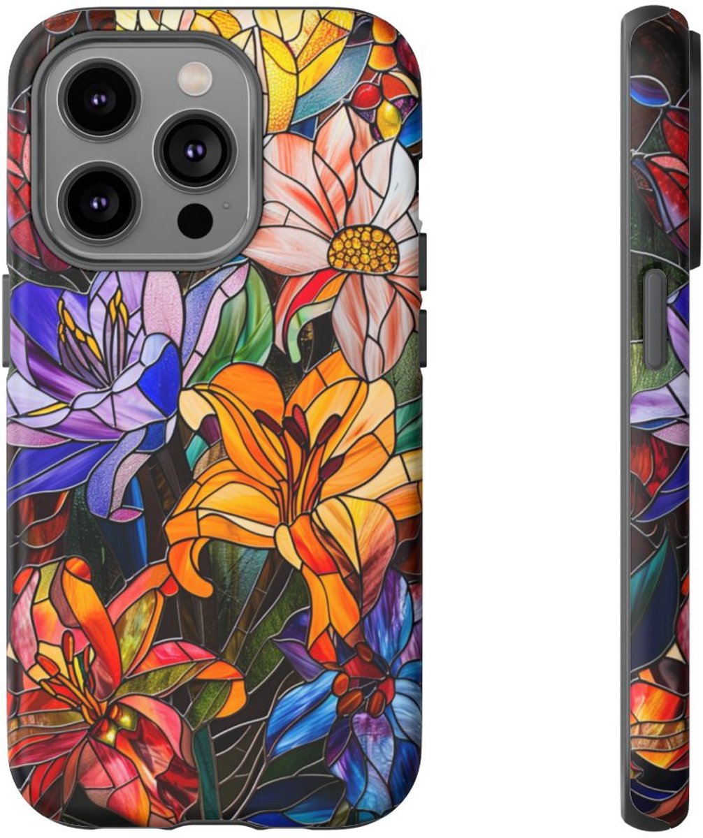 Levendig Gebloemd Glas-in-Lood Ontwerp – Telefoonhoesje Geschikt voor iPhone 14 Pro
