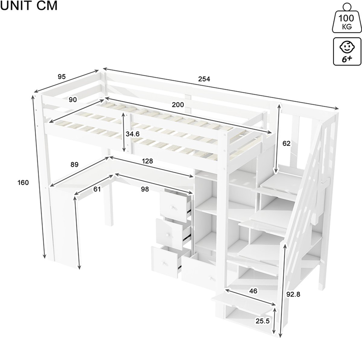 KOMHTOM Mezzaninebed Kinderbed 90x200 cm met veiligheidshek bureau lades open opbergkast intrekbare opberg ladder wit