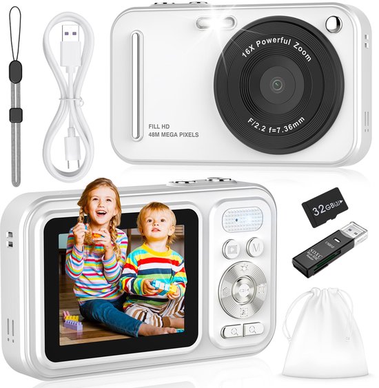 Digitale camera met kaart van 32 GB, 48 MP 4K HD-camera met 16x digitale zoom en 2 batterijen voor kinderen, 2,8 inch oplaadbaar LCD-scherm voor kinderen, volwassenen en beginners (Zwart