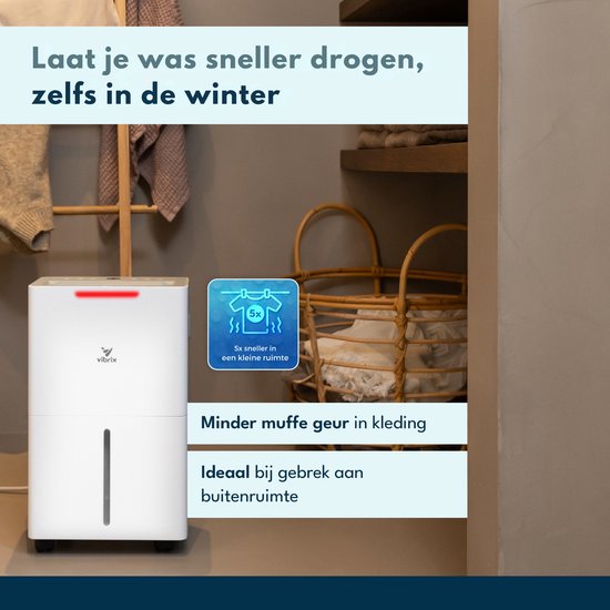 Vibrix DryFlow6 Luchtontvochtiger – 6L per dag – Wasdroogfunctie – Stil & Energiezuinig – Ontvochtiger voor Badkamer, Kelder, Zolder & Slaapkamer – Slimme Dehumidifier