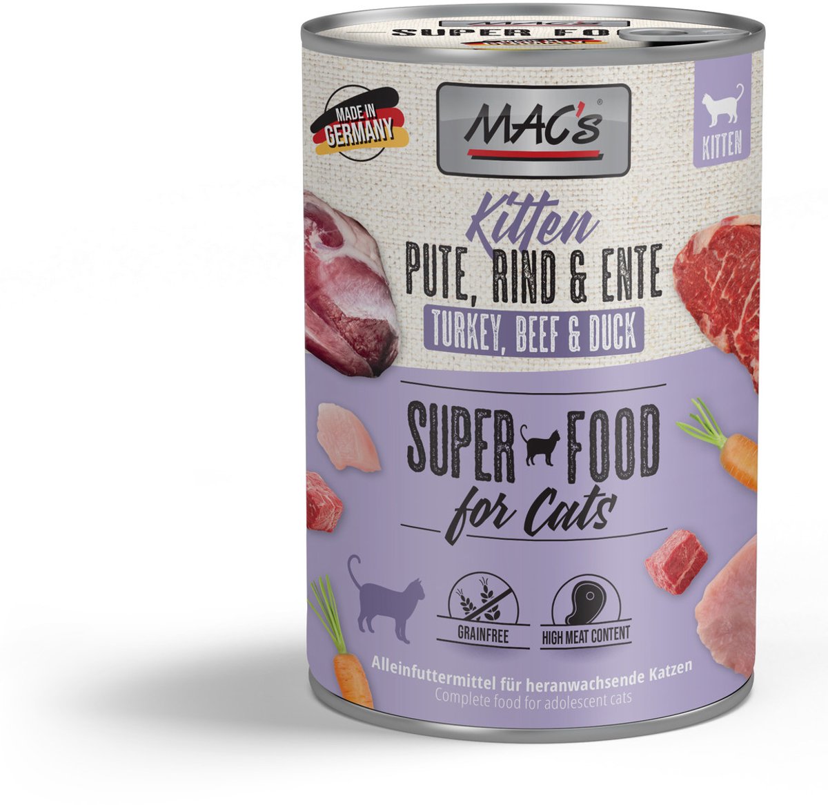 MACs MAC's Kittenvoer Natvoer Blik 97% Kalkoen, Rund en Eend 6 x 400g