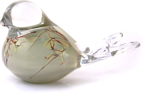 Glazen urn in de vorm van een vogel, met een lichte gloed en rood-bruine accenten.