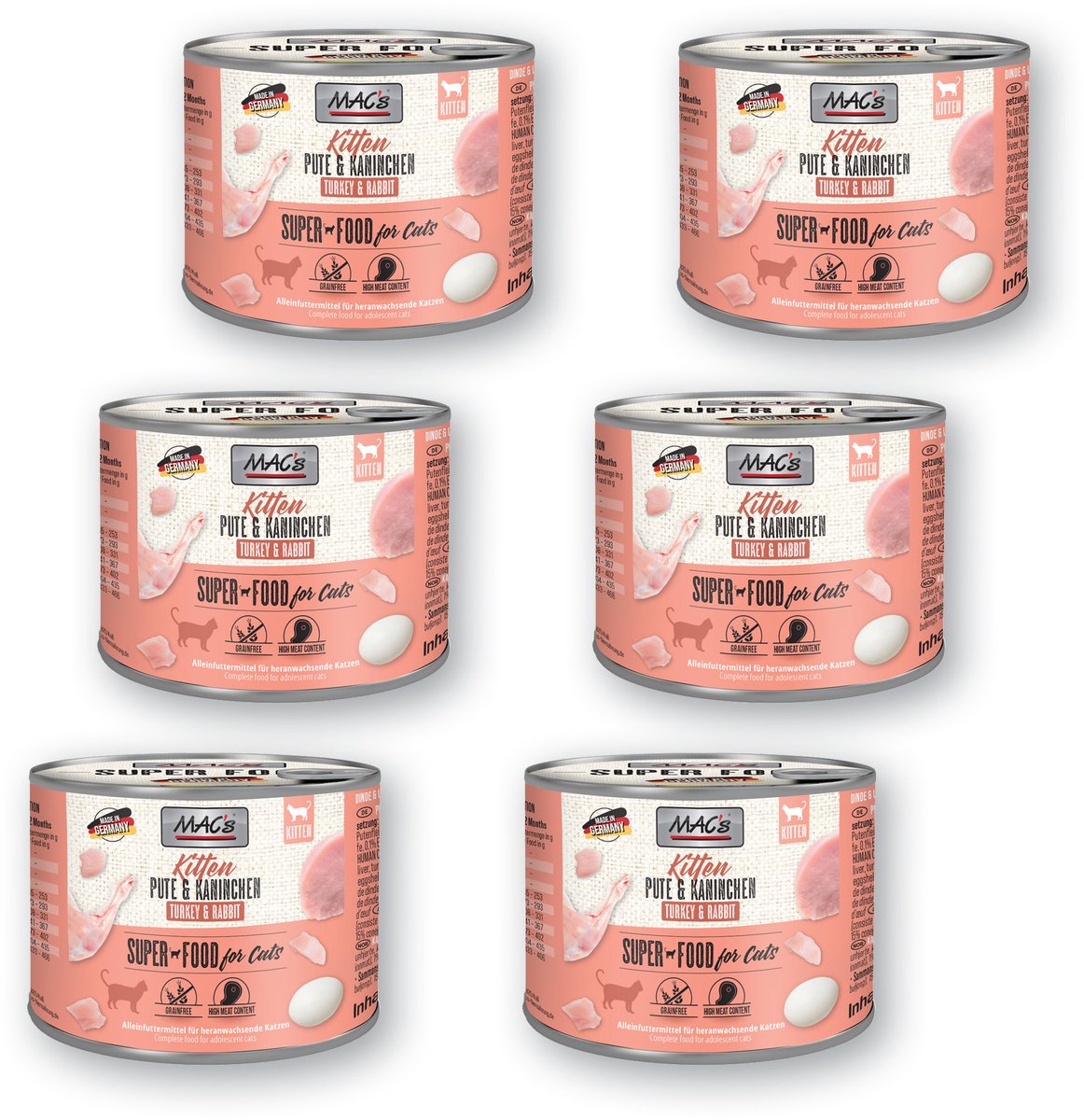MACs MAC's Kittenvoer Natvoer Blik 98,9% Kalkoen & Konijn 6 x 200g